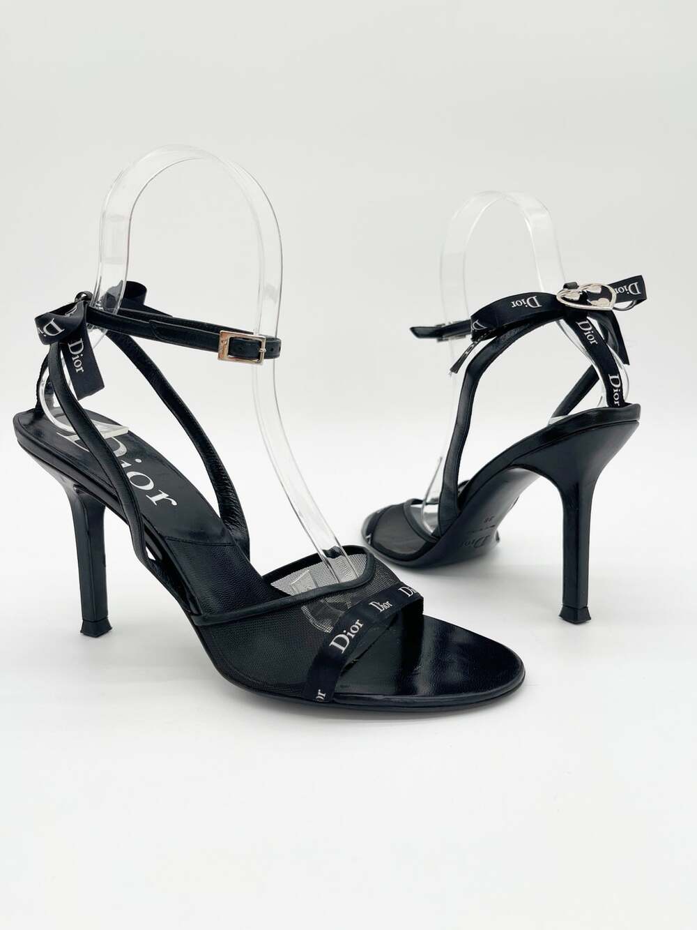 Dior Vintage Galliano Black Logo Ribbon Mesh Bow Heart Charm Sandals Heels EU 38